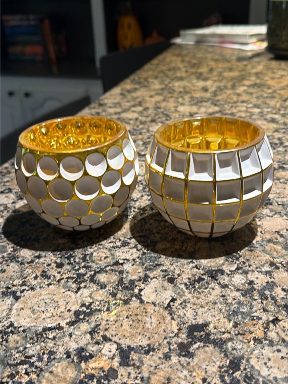 Fitz and Floyd Modern GeometricGold and White Mosaic Tealight Holders - Set of 2